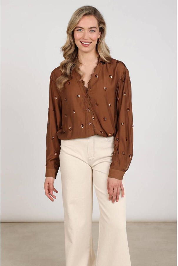 NUKUS blouse met pailletten camel