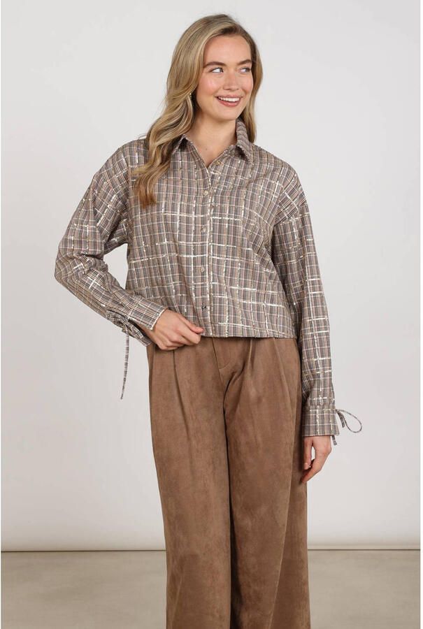 NUKUS geruite blouse met pailletten zand