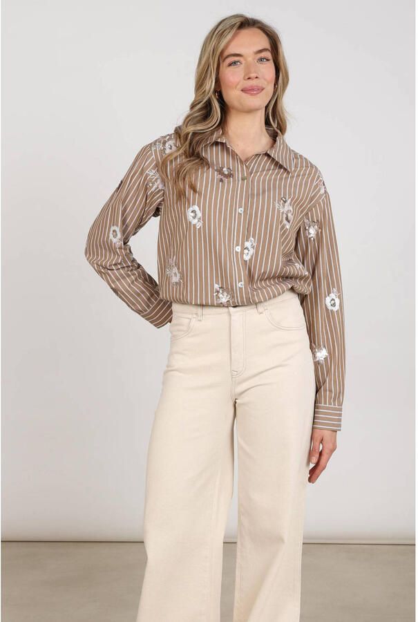 NUKUS gestreepte blouse met pailletten taupe