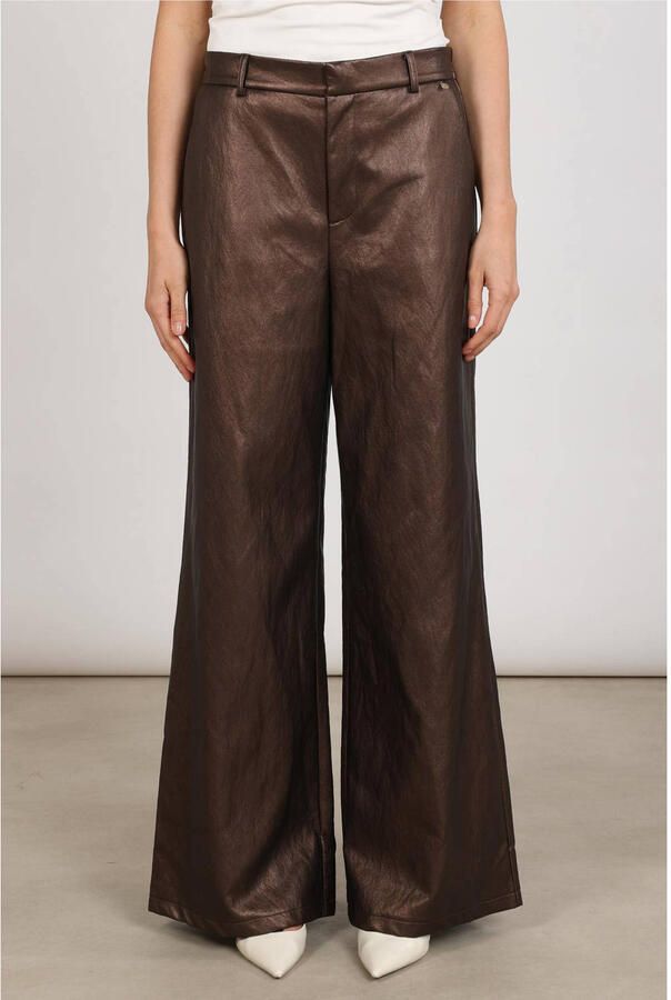 NUKUS imitatieleren wide leg broek donkerbruin