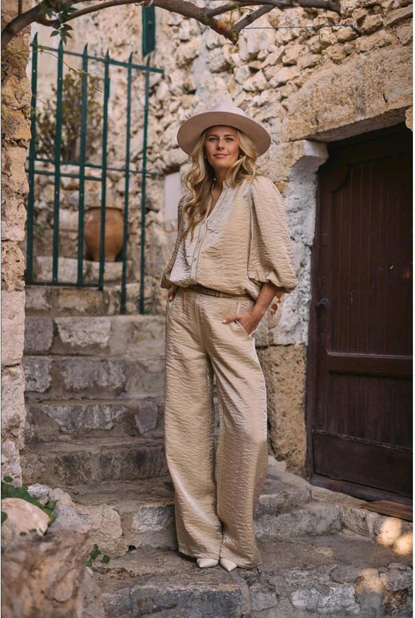 NUKUS satijnen straight high waist broek zand - Foto 6
