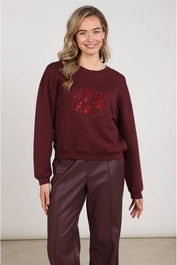 NUKUS sweater met pailletten en print donkerrood