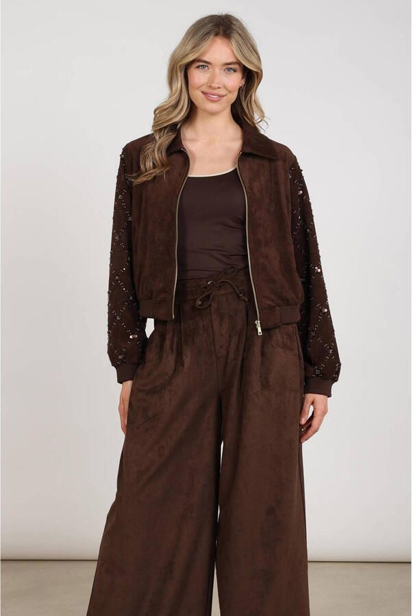 NUKUS velours jas met pailletten en strass-steentjes roodbruin