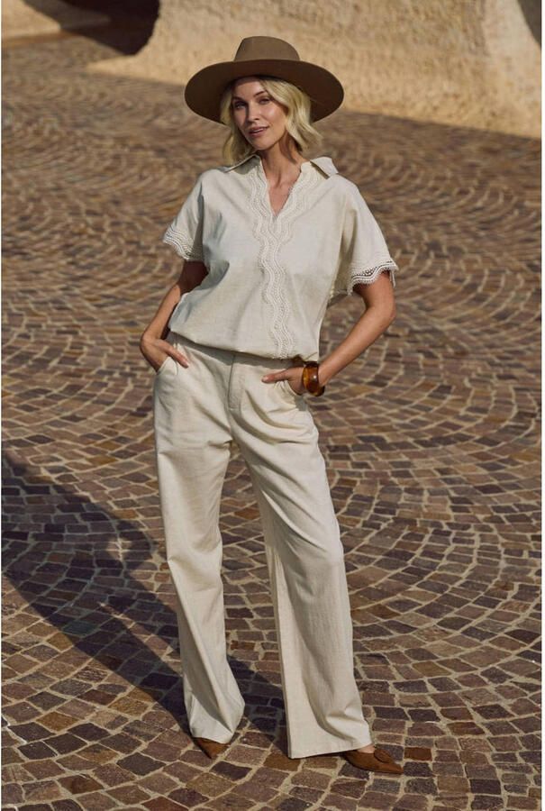 NUKUS wide leg high waist broek met linnen crème - Foto 2