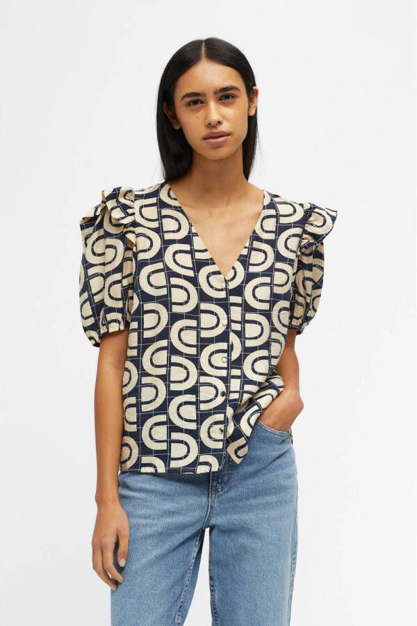 OBJECT blouse OBJADA met all over print en ruches donkerblauw ecru