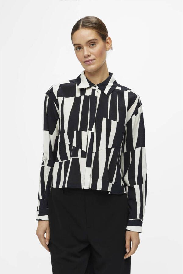 OBJECT blouse OBJTARO met grafische print zwart wit
