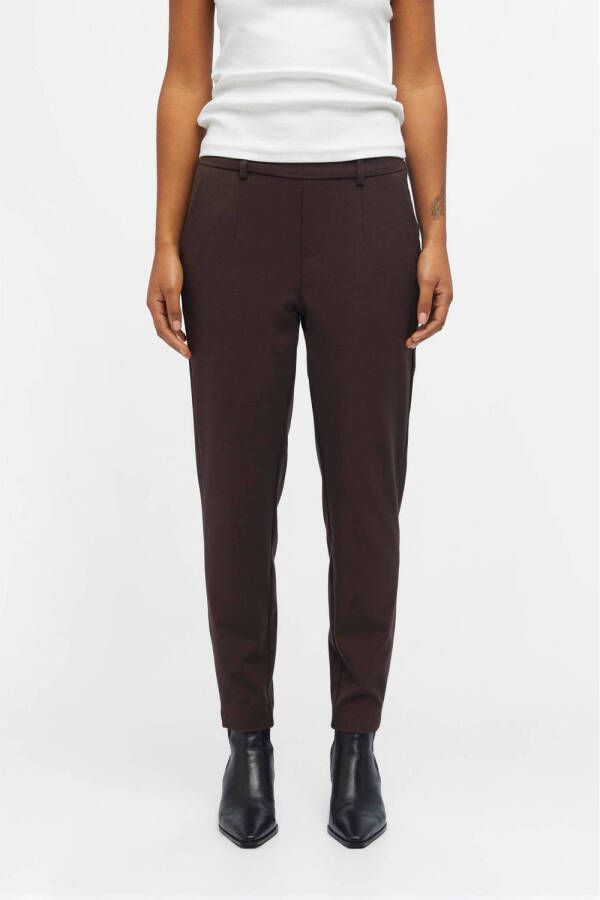 OBJECT cropped slim fit pantalon OBJLISA van gerecycled polyester donkerbruin