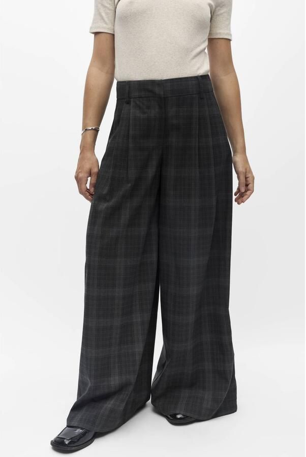 OBJECT high waist wide leg geruite broek zwart