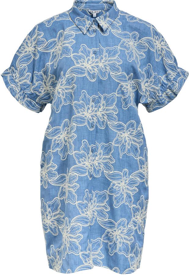 OBJECT jacquard gebloemde korte jurk blauw