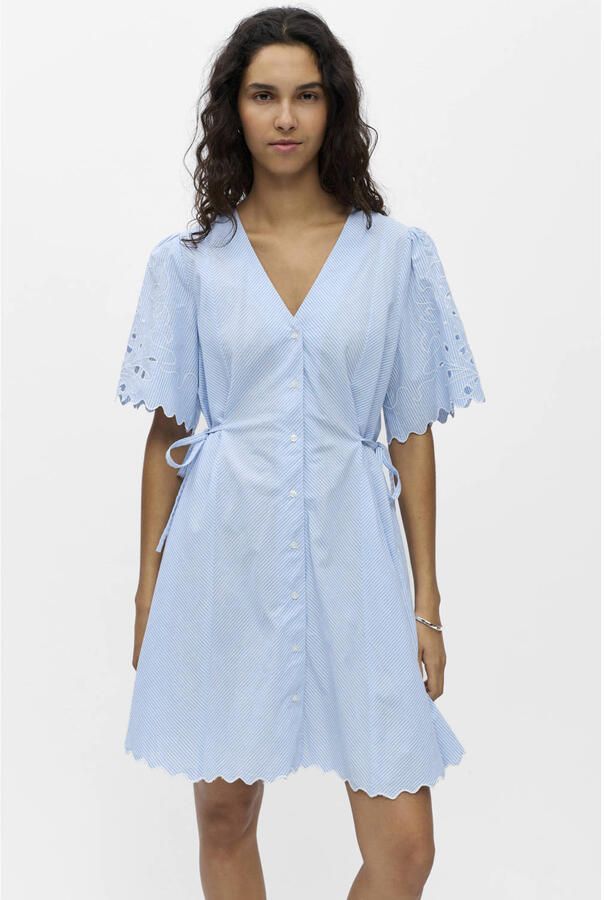 OBJECT korte gestreepte broderie blousejurk lichtblauw