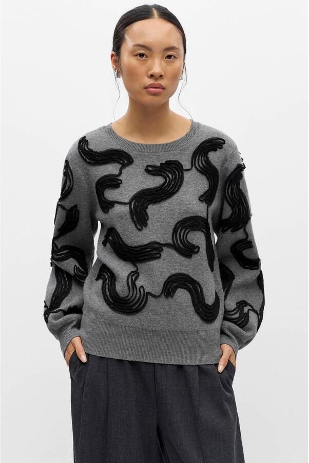 OBJECT pullover met borduursels en wol grijs
