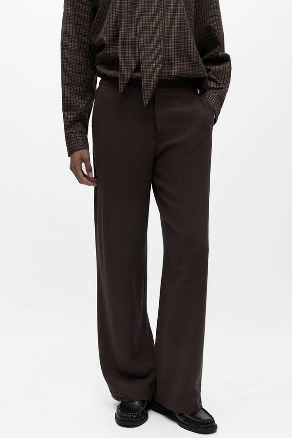 OBJECT straight regular waist casual broek met linnen donkerbruin - Foto 4