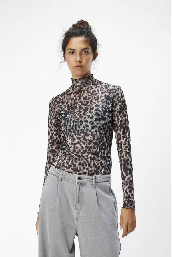 OBJECT top OBJNELA met panterprint en mesh grijs zwart creme - Foto 3