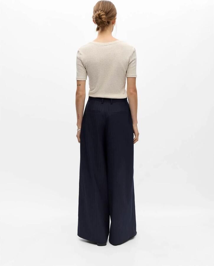 OBJECT wide leg casual broek met krijtstreep donkerblauw - Foto 2