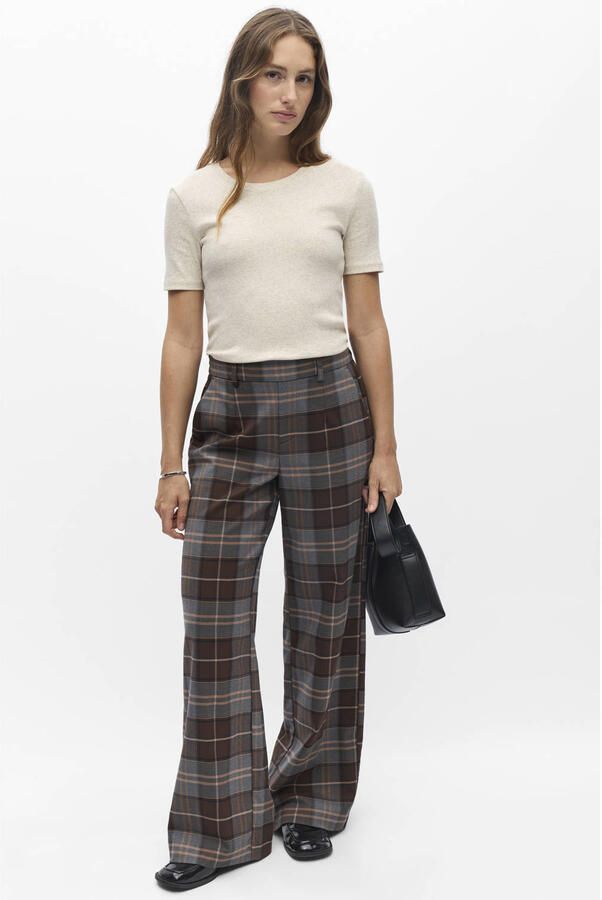 OBJECT wide leg geruite pantalon bruin meerkleurig