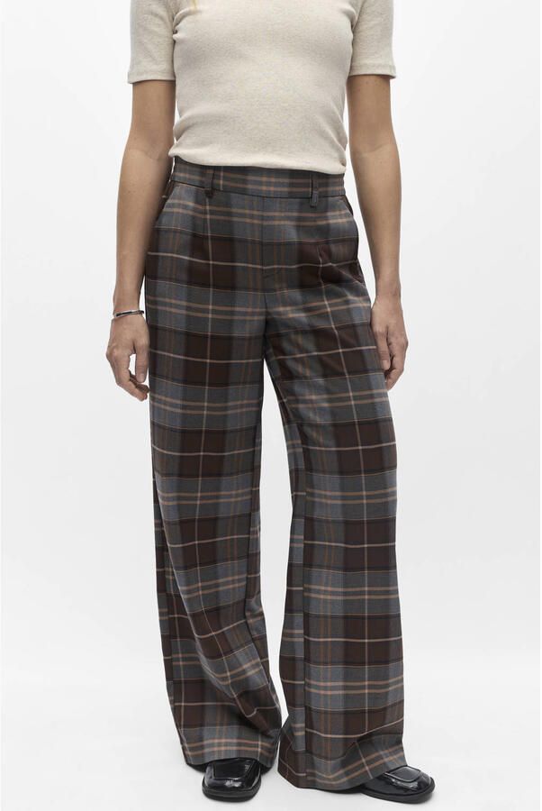 OBJECT wide leg geruite pantalon bruin meerkleurig - Foto 3