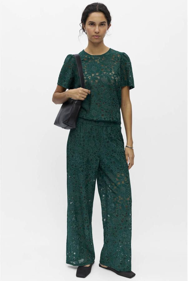 OBJECT wide leg regular waist casual broek donkergroen - Foto 3