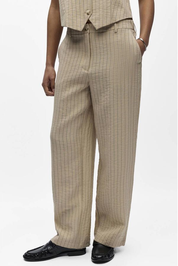 OBJECT wide leg regular waist casual broek met krijtstreep beige - Foto 5