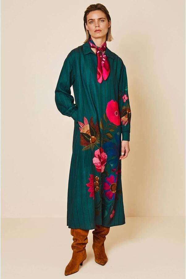 Oilily gebloemde maxi blousejurk met ceintuur donkergroen
