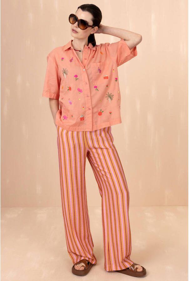 Oilily wide leg high waist gestreepte broek roze