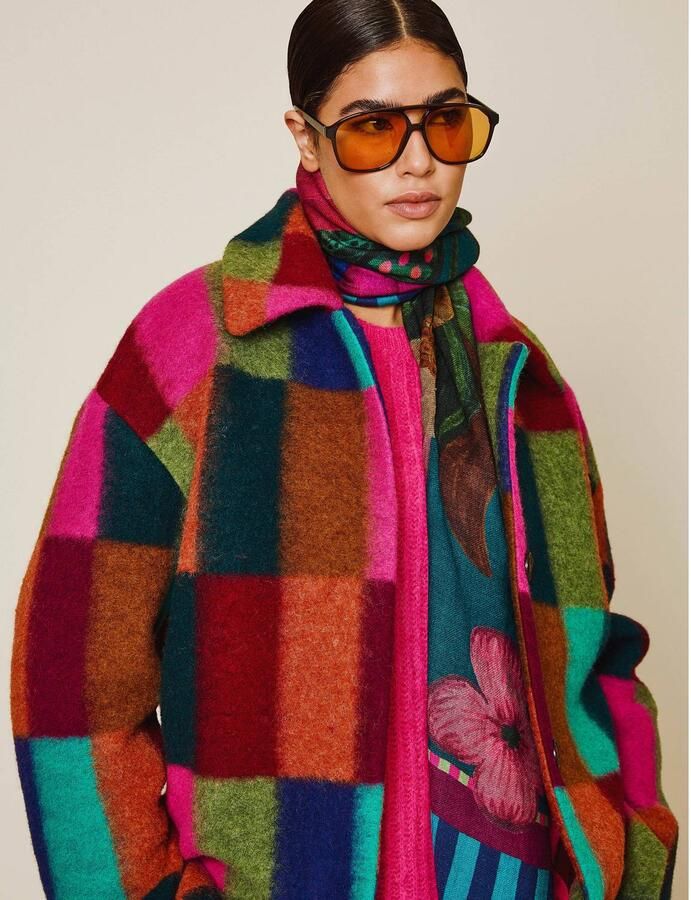Oilily wollen geruite faux fur jas meerkleurig