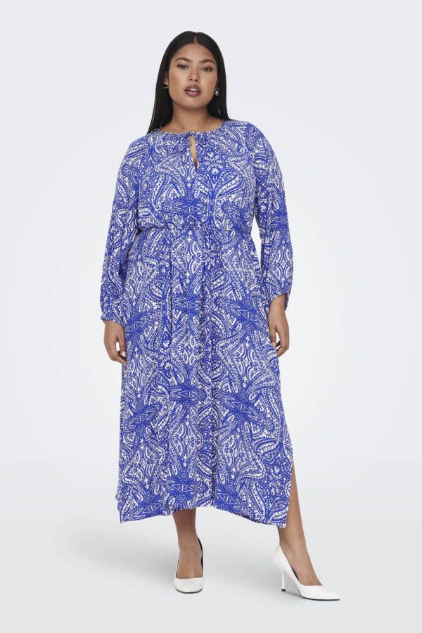 ONLY CARMAKOMA jurk CARSONYA met all over print en ceintuur blauw wit