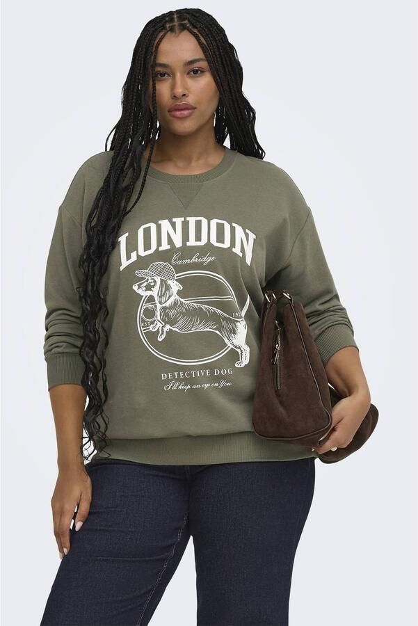 ONLY CARMAKOMA Caramelia Ls O-Neck Sweat Jrs Plus Size sweater met print donkergroen