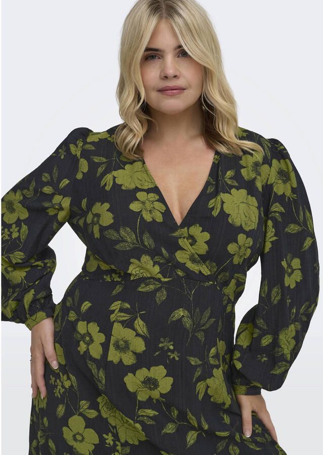 ONLY CARMAKOMA Carcamille L S V-Neck Midaxi Dress Aop Plus Size gebloemde wikkeljurk zwart groen