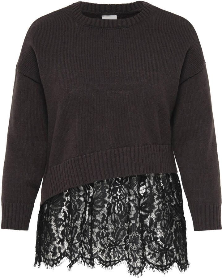 ONLY CARMAKOMA Carevie Ls Lace Mix O-Neck Knt Plus Size gebreide trui donkerbruin