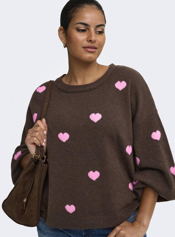 ONLY CARMAKOMA gebreide trui Plus Size met hartjes donkerbruin
