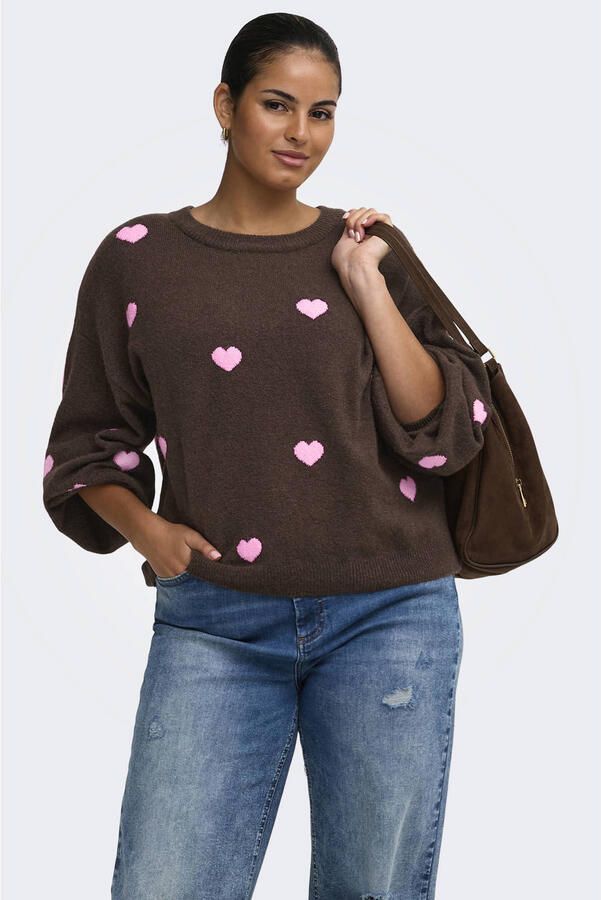 ONLY CARMAKOMA gebreide trui Plus Size met hartjes donkerbruin - Foto 3