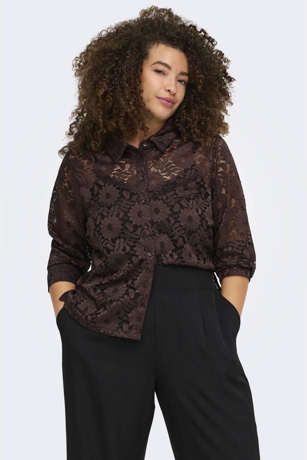 ONLY CARMAKOMA kanten gebloemde blouse Plus Size donkerbruin