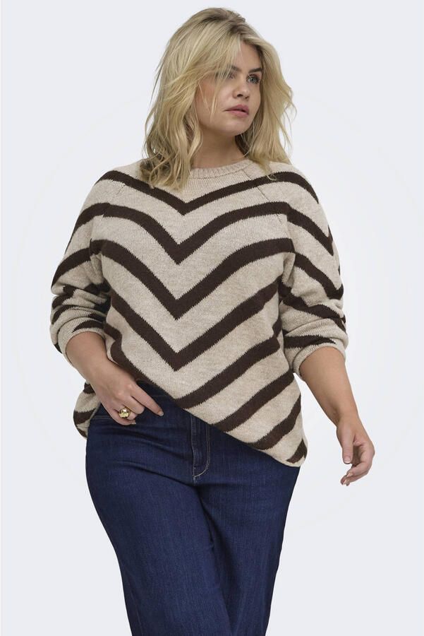 ONLY CARMAKOMA Plus Size aansluitende gebreide gestreepte trui beige