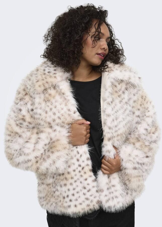 ONLY CARMAKOMA Plus Size faux fur manteljas met dierenprint ecru - Foto 2
