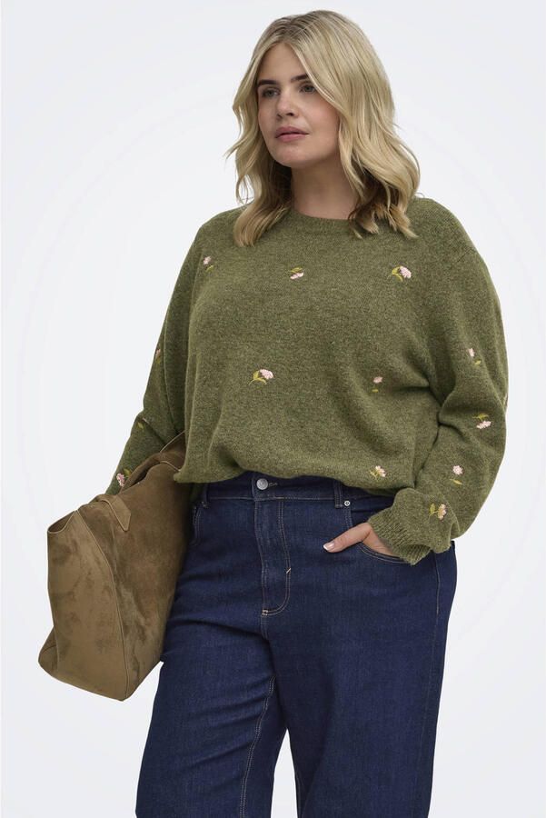 ONLY CARMAKOMA Plus Size gebreide gebloemde trui met borduursels en wol groen