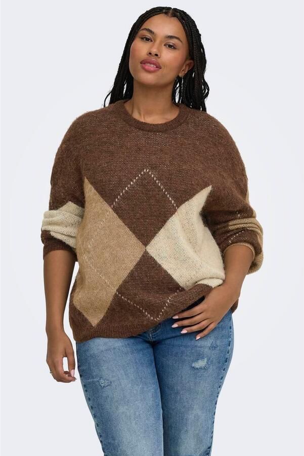 ONLY CARMAKOMA Plus Size gebreide geruite trui met wol bruin