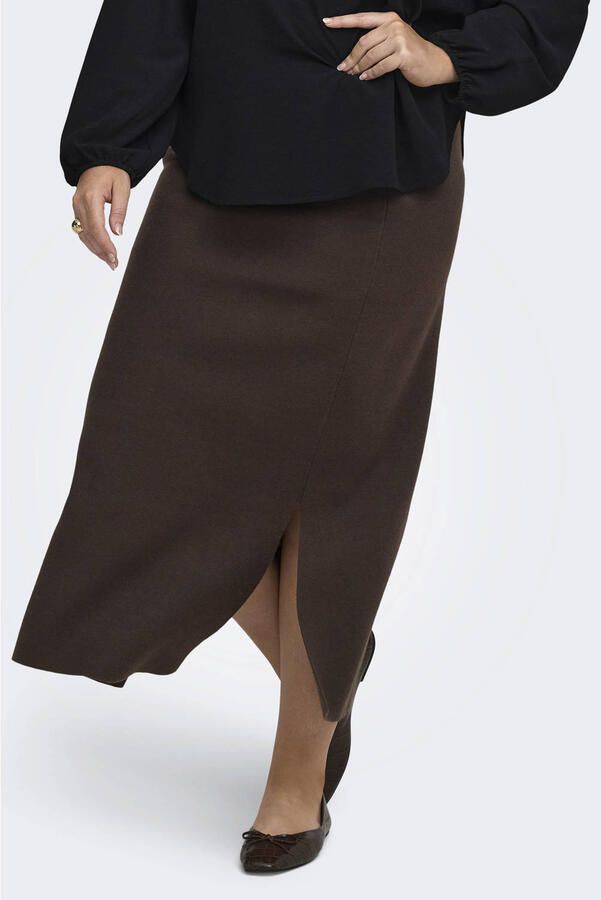 ONLY CARMAKOMA Plus Size gebreide midi rok bruin