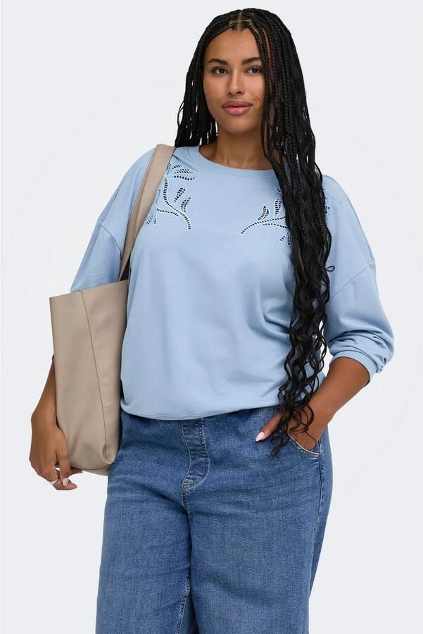 ONLY CARMAKOMA Plus Size katoenen gebloemde sweater met borduursels lichtblauw