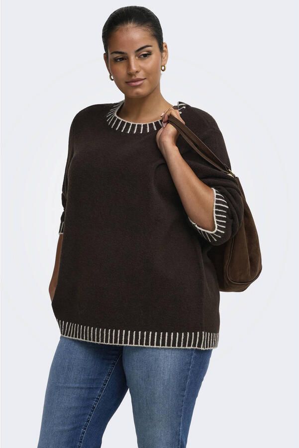 ONLY CARMAKOMA Plus Size rechtvallende gebreide trui met wol donkerbruin