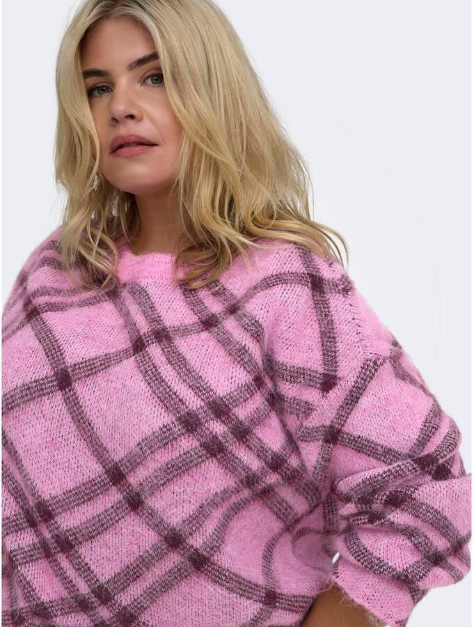 ONLY CARMAKOMA Plus Size wollen geruite trui roze donkerrood
