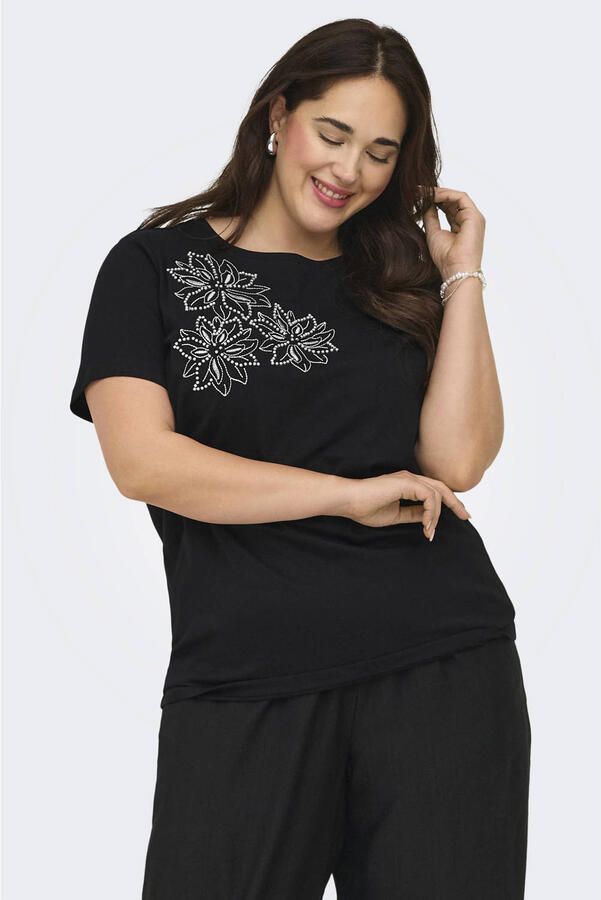 ONLY CARMAKOMA rechtvallend T-shirt Plus Size met borduursels en print zwart