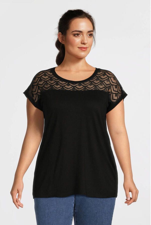 ONLY CARMAKOMA semi-transparante top CARFLAKE met kant zwart - Foto 4