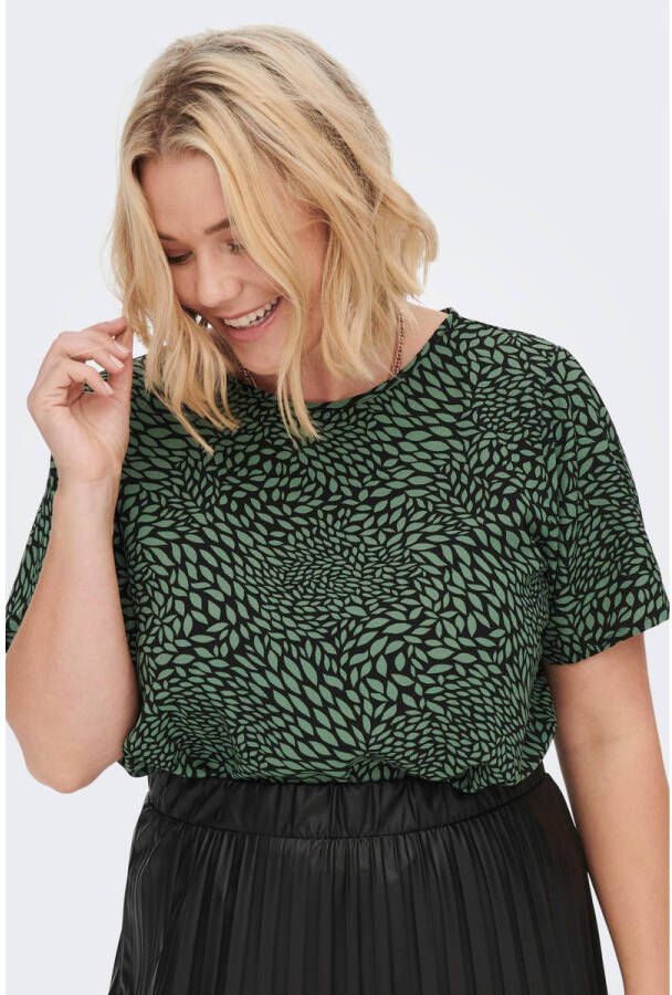 ONLY CARMAKOMA T-shirt CARVICA met all over print en open detail donkergroen zwart
