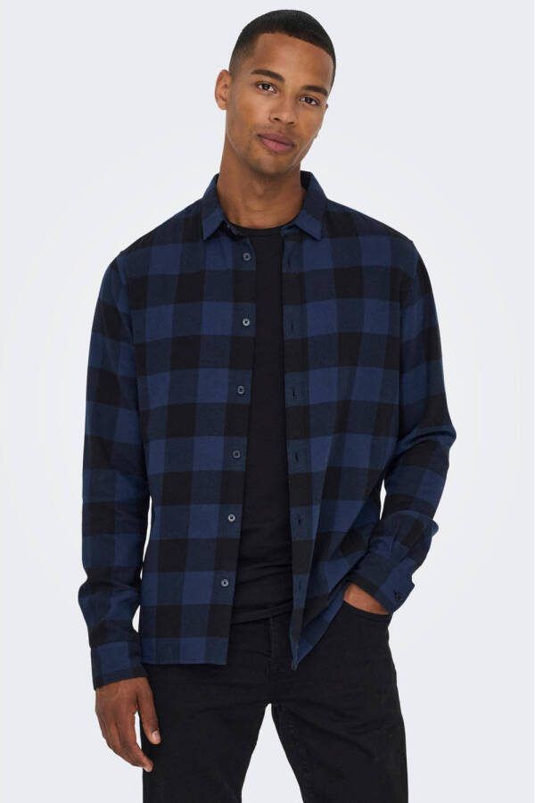 ONLY & SONS geruit slim fit overhemd ONSGUDMUND kobaltblauw