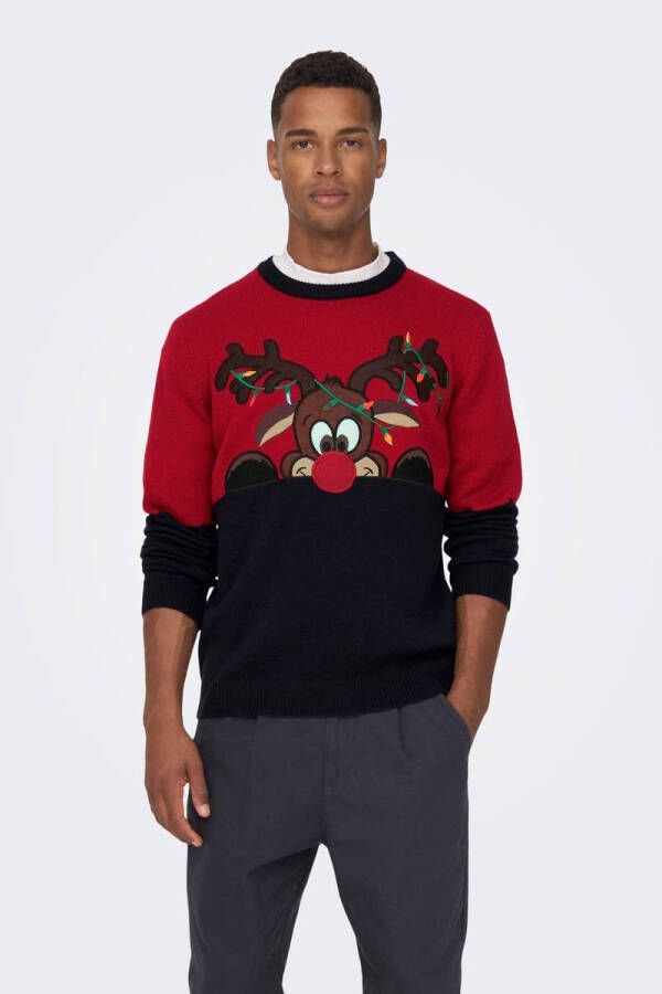 ONLY & SONS kersttrui ONSXMAS met printopdruk pompeian red
