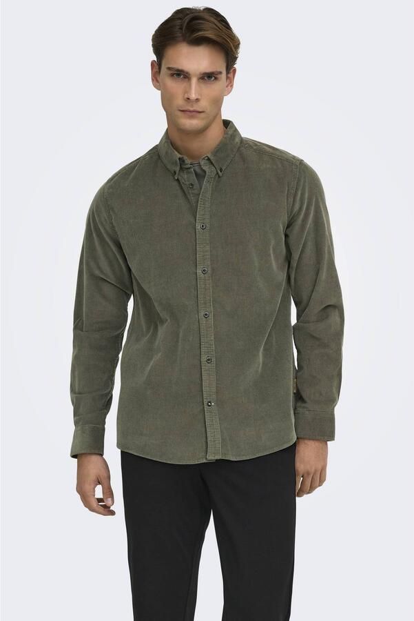 ONLY & SONS corduroy regular fit overhemd groen