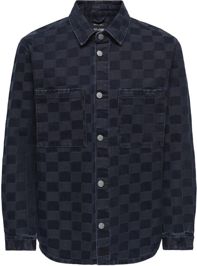 ONLY & SONS denim regular fit geruit overshirt donkerblauw