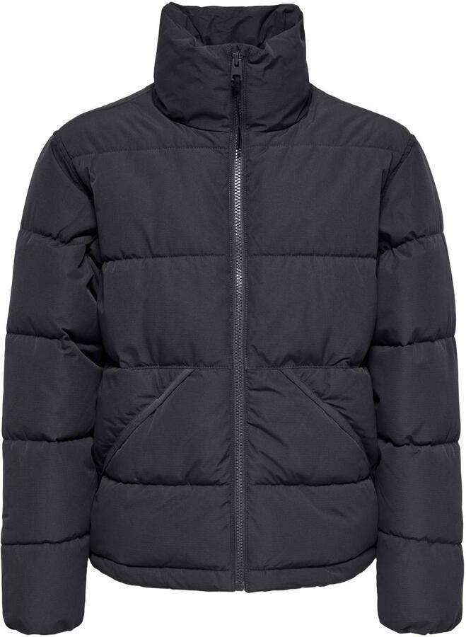 ONLY & SONS JUNIOR gewatteerde winterjas antraciet Grijs Jongens Polyester Opstaande kraag