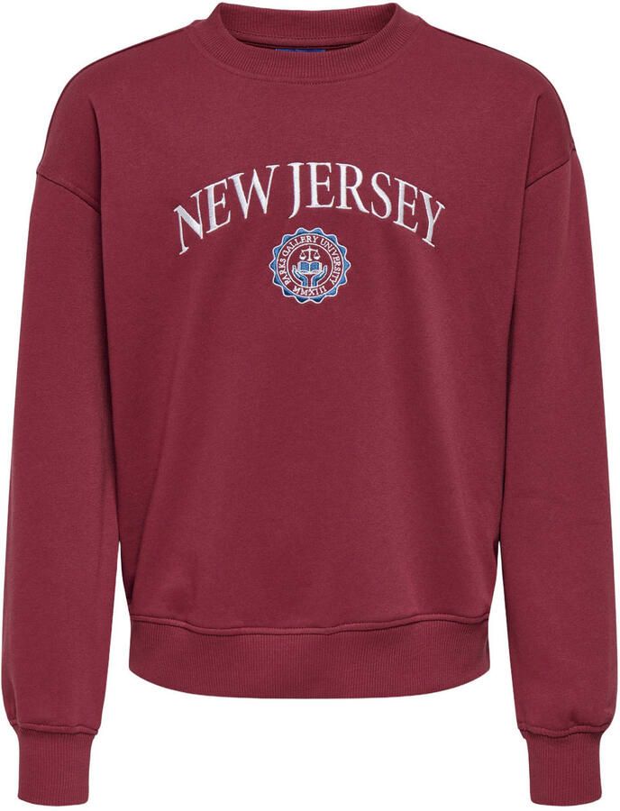 ONLY & SONS JUNIOR sweat sweater met borduursels en tekst rood