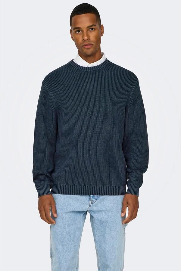 ONLY & SONS katoenen regular fit gebreide trui donkerblauw